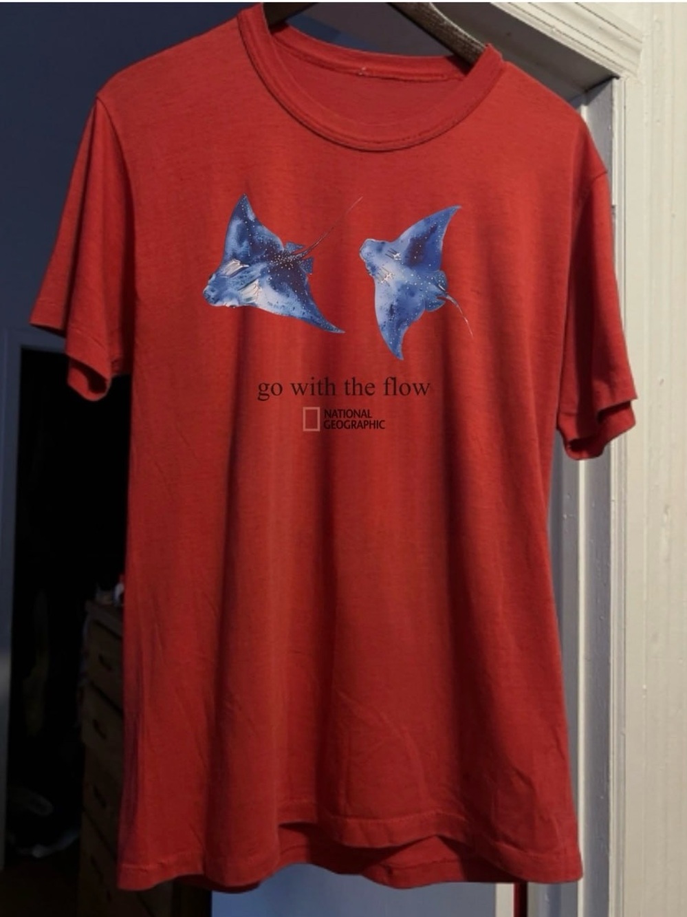 Gildan National Geographic Red Tee with Blue Manta Ray Graphics